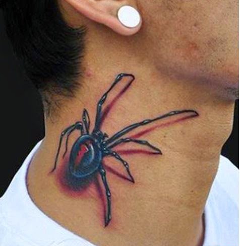 有些恐怖的脖子上的超逼真3D蜘蛛纹身图案