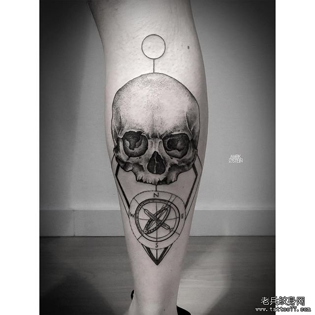 小腿骷髅几何指南针tattoo纹身图案