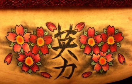 腹部樱花中的汉字纹身图案
