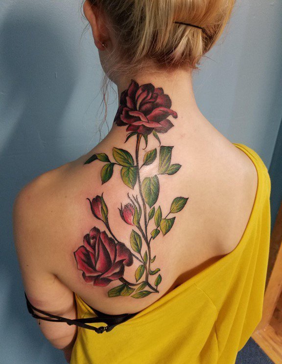 美女蝴蝶骨纹身鲜艳的植物藤彩色纹身玫瑰花图案