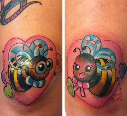 膝盖骨可爱的小蜜蜂心形纹身图案