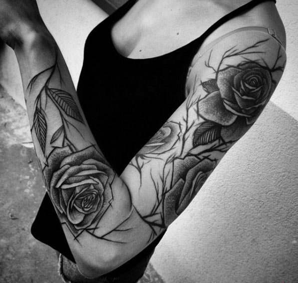 女性手臂线条纹身点刺技巧文艺花臂纹身素描技巧纹身图案