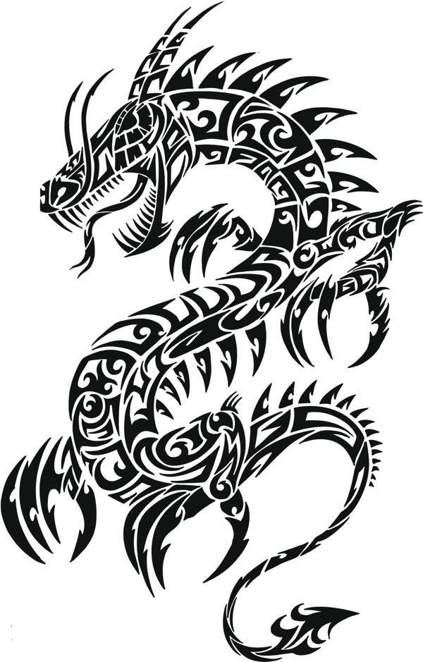 霸气的黑色抽象线条小动物龙纹身手稿
