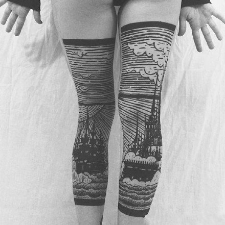腿部后面的两只腿成对黑色风景纹身图案