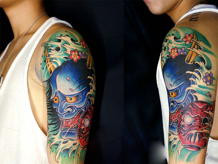 非常好看的彩色花臂般若纹身刺青