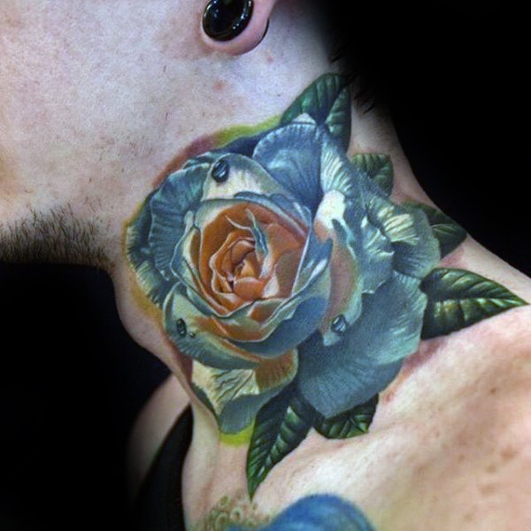 颈部彩色玫瑰花与水滴纹身图片