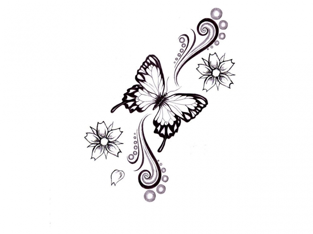 唯美的黑色点刺植物文艺花朵和小动物蝴蝶纹身手稿